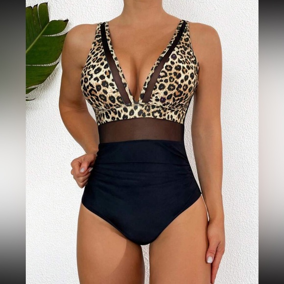 Luxe black leopard print mesh insert one piece swimsuit